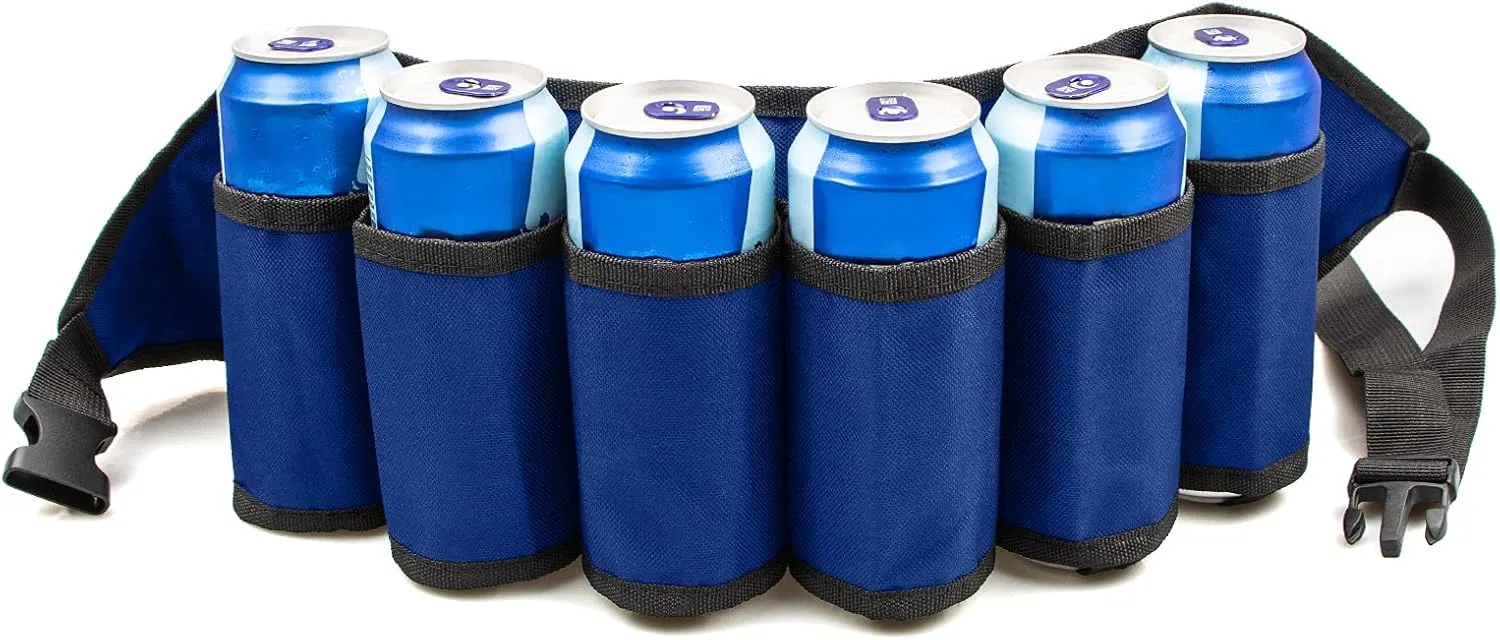 Adhafera Beer Belt, Adjustable 6 Pack Beer Belt Holder, Oxford Beer Waist Holder for Man, Women, White Elephant Game Ideas (Blue)