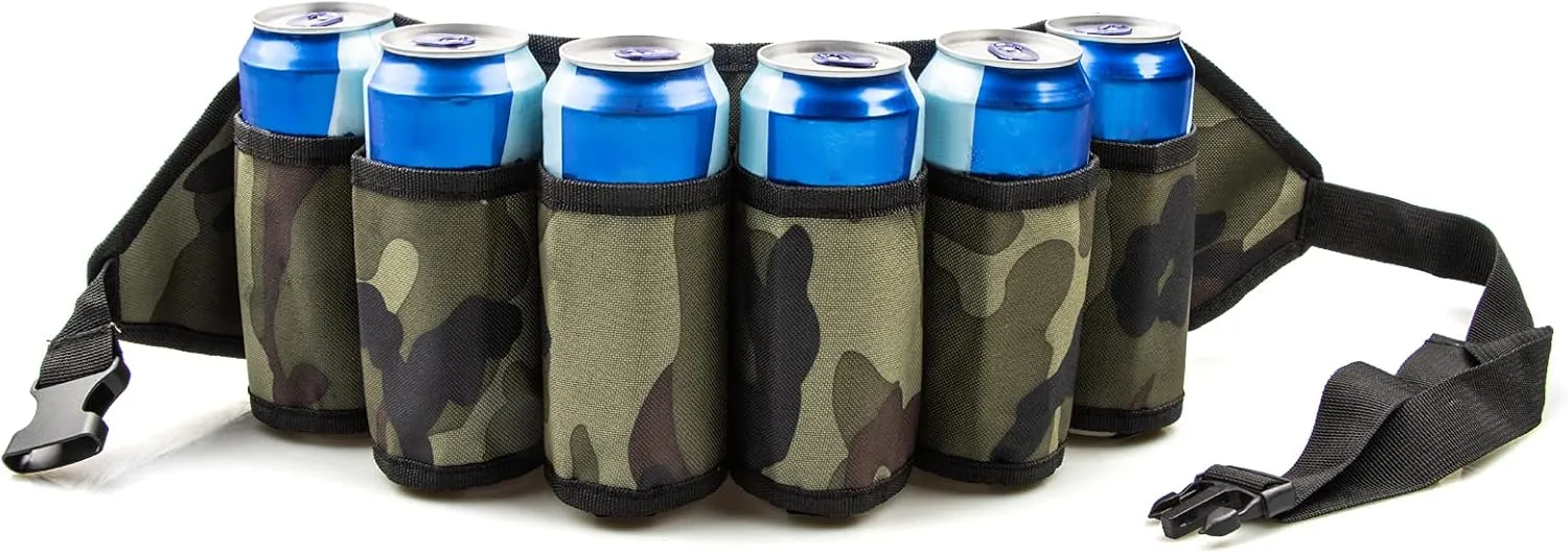 Adhafera Beer Belt, Adjustable 6 Pack Beer Belt Holder, Oxford Beer Waist Holder for Man, Women, White Elephant Game Ideas (Camo)