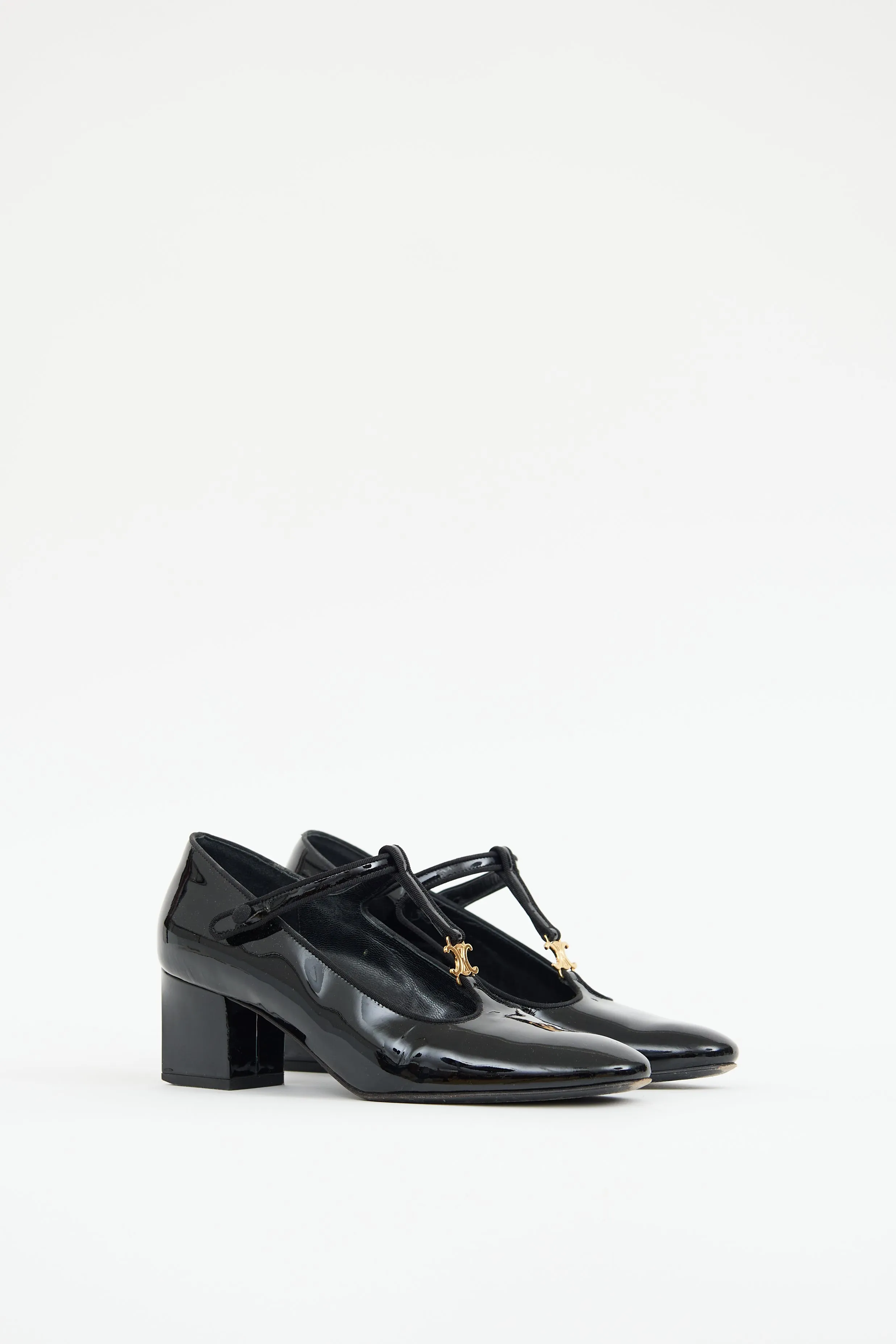 Black Patent Leather T-Bar Strap Triomphe Heel