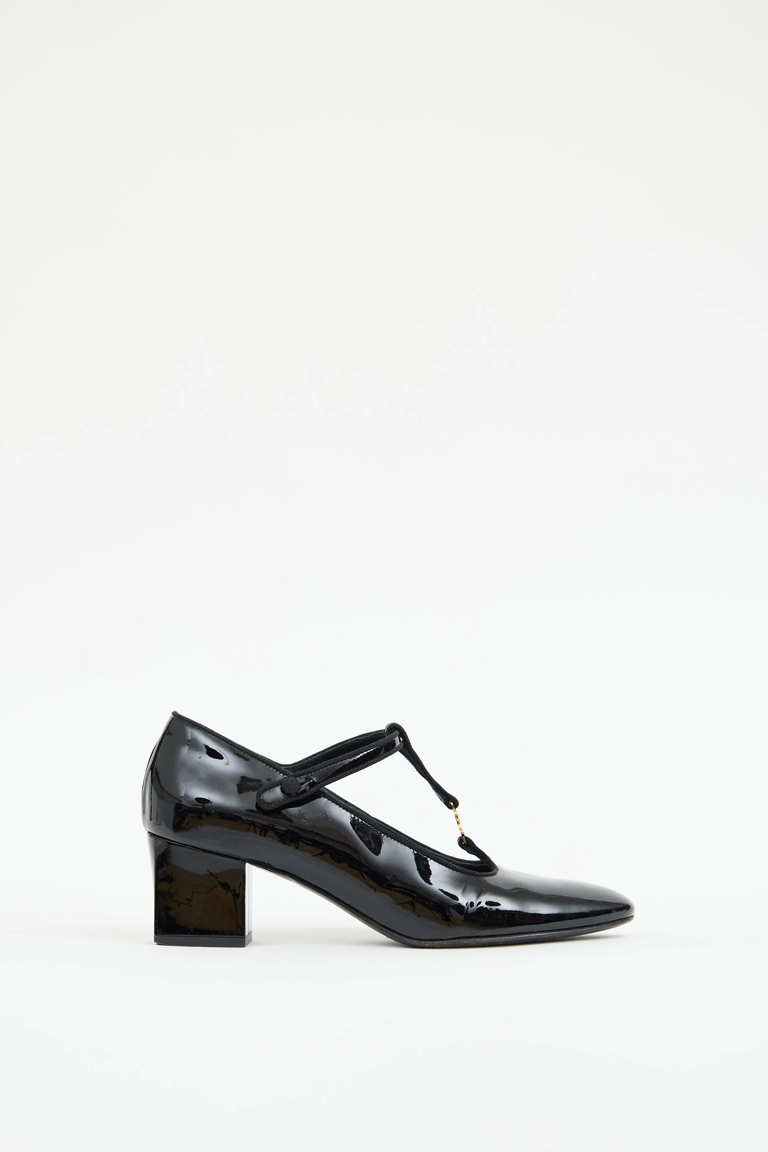 Black Patent Leather T-Bar Strap Triomphe Heel