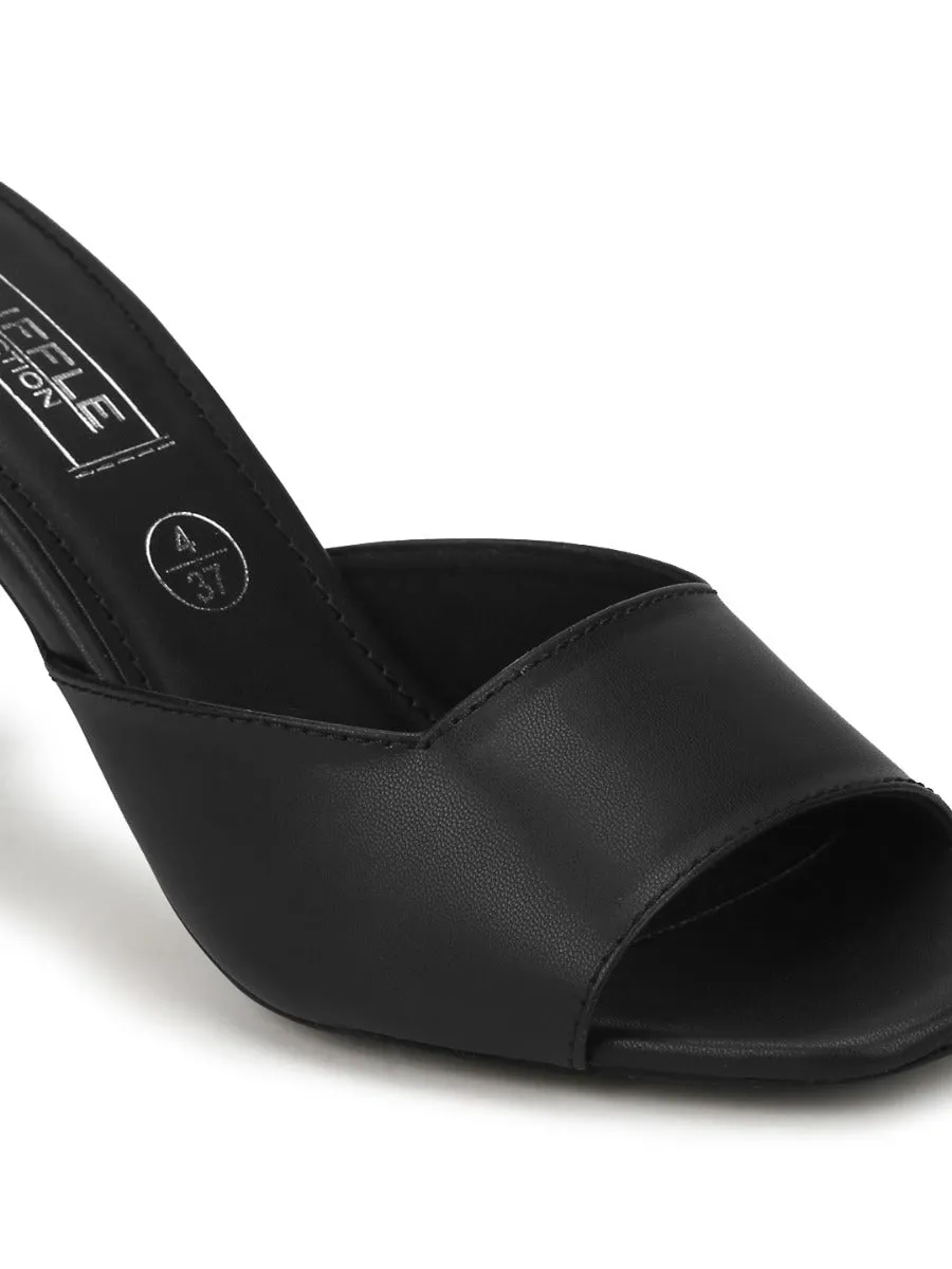 Black PU Square Toe Stilettos With Ankle Strap