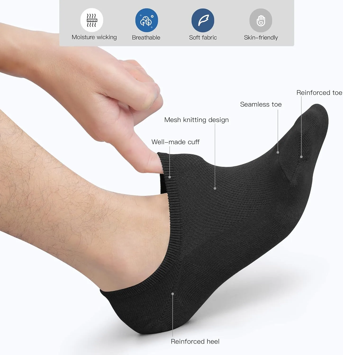 CLOSEMATE 6/8 Pairs Mens No Show Cotton Low Cut Ankle Casual Socks with Non Slip Grips