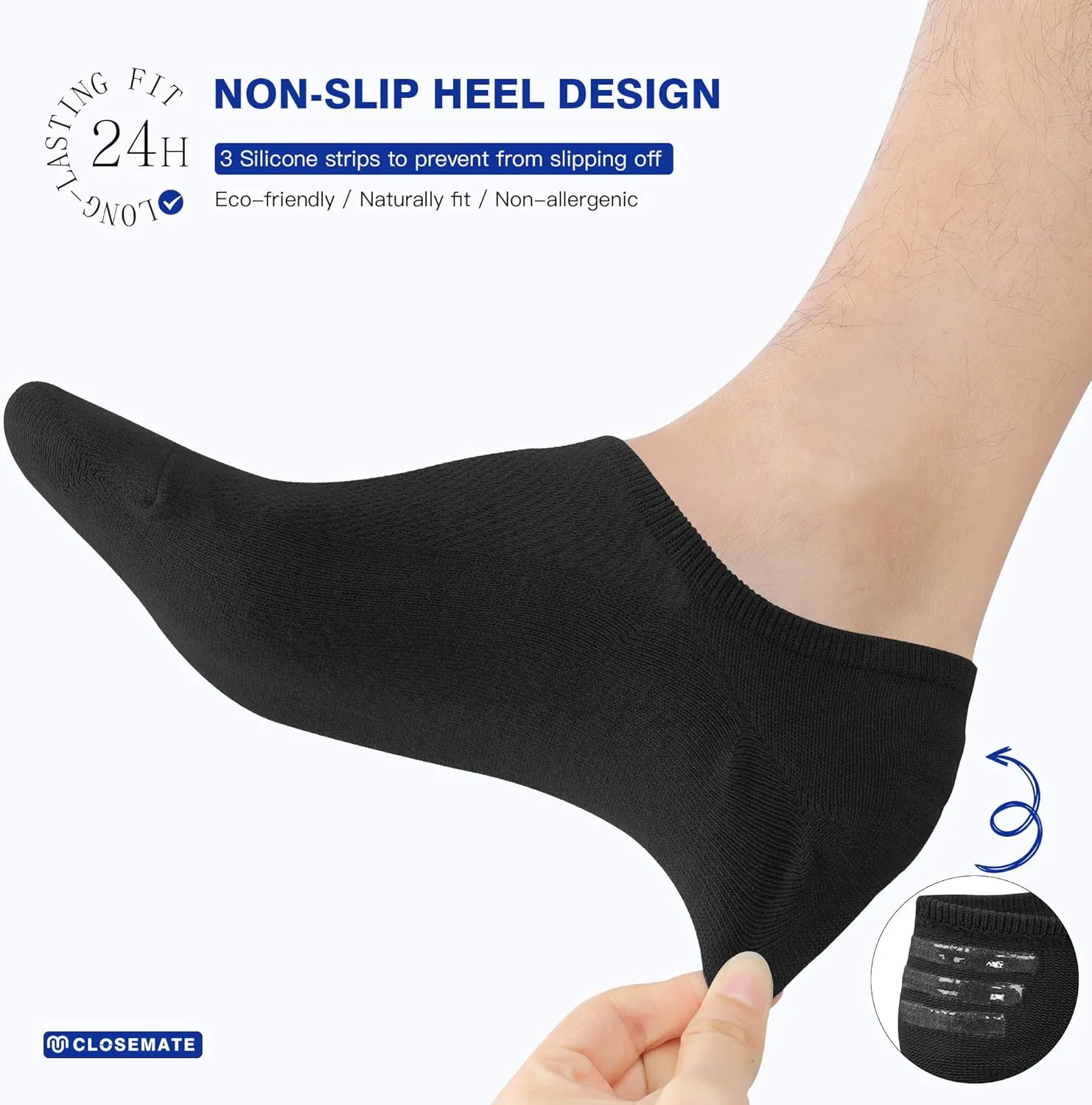 CLOSEMATE 6/8 Pairs Mens No Show Cotton Low Cut Ankle Casual Socks with Non Slip Grips