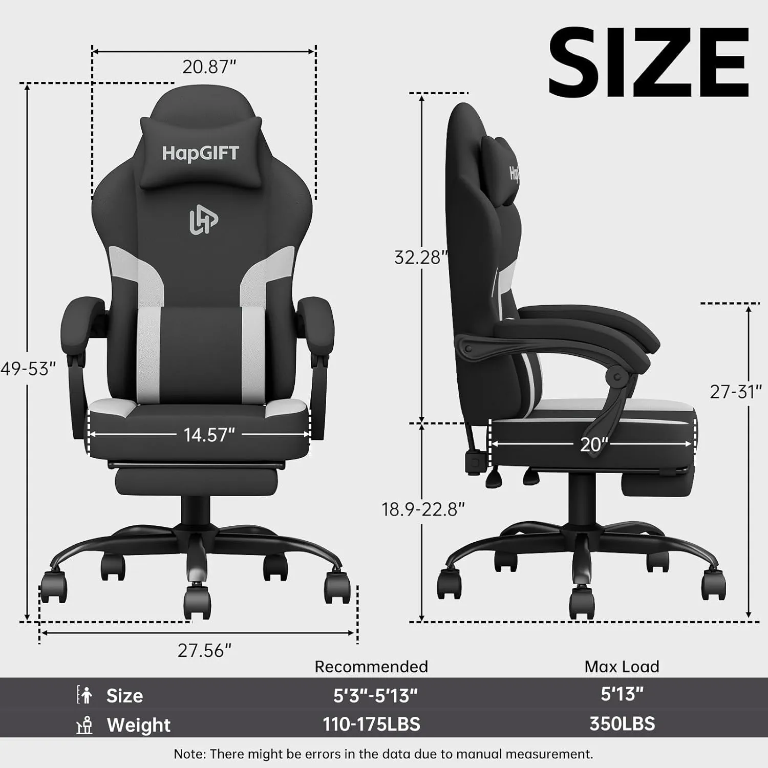 HapGIFT Computer Chair, Gaming Chairs with Footrest and Massage Lumbar Support, High Back Ergonomic Swivel Gamer Chair, Reclining Gaming Chairs with Armrests, Headrest for Adults, 300LBS (Black-Grey)