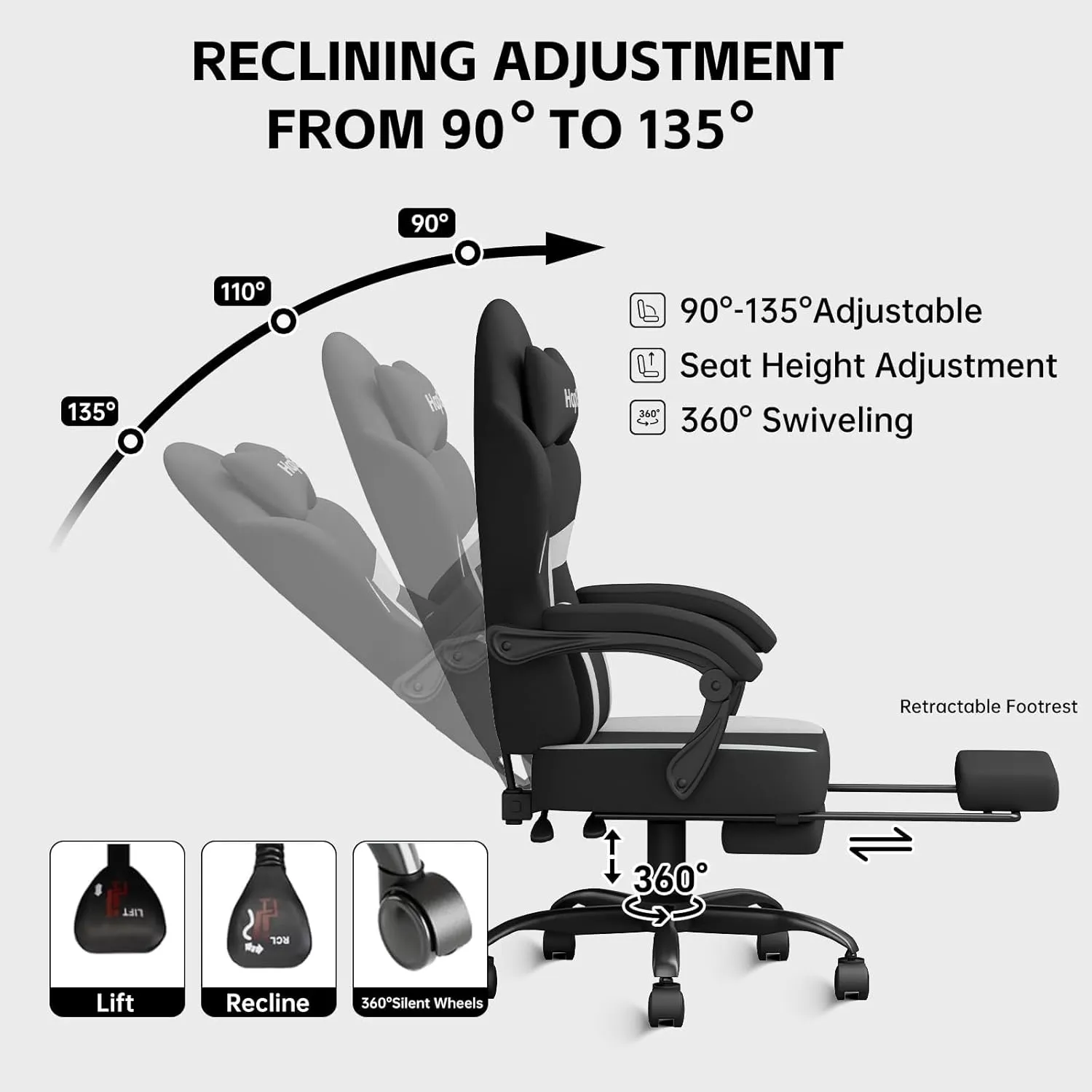 HapGIFT Computer Chair, Gaming Chairs with Footrest and Massage Lumbar Support, High Back Ergonomic Swivel Gamer Chair, Reclining Gaming Chairs with Armrests, Headrest for Adults, 300LBS (Black-Grey)