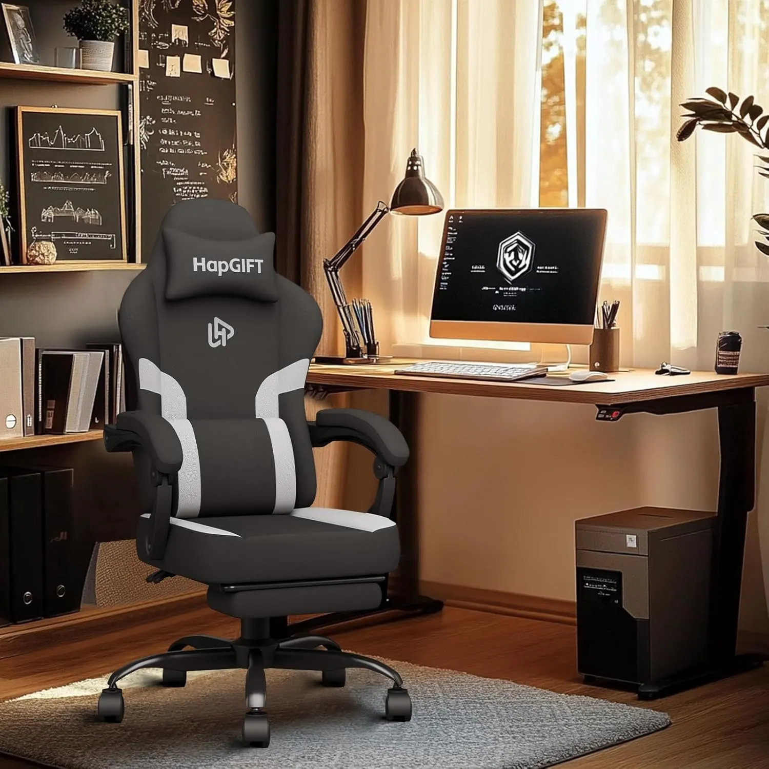 HapGIFT Computer Chair, Gaming Chairs with Footrest and Massage Lumbar Support, High Back Ergonomic Swivel Gamer Chair, Reclining Gaming Chairs with Armrests, Headrest for Adults, 300LBS (Black-Grey)