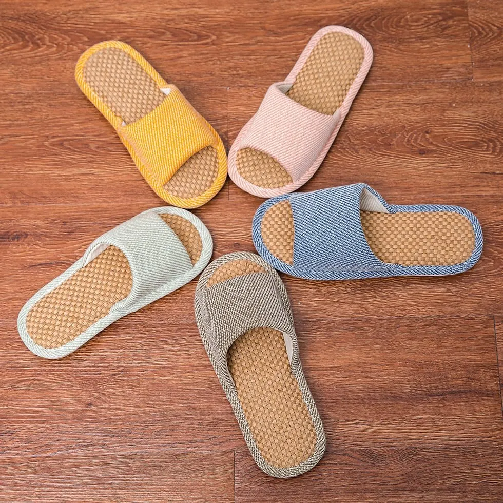 Linen Fabric Slippers Indoor House Slippers, All-Season Comfortable Breathable Non-Slip Silent Home Slippers