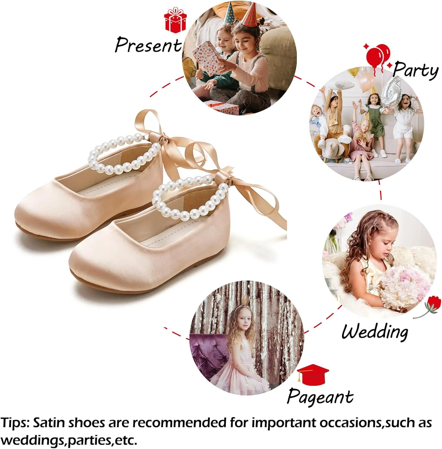 Toddler Flower Girl Dress Shoes - Little Girl Ballet Flats Pearl Strap for Wedding Party