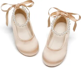 Toddler Flower Girl Dress Shoes - Little Girl Ballet Flats Pearl Strap for Wedding Party