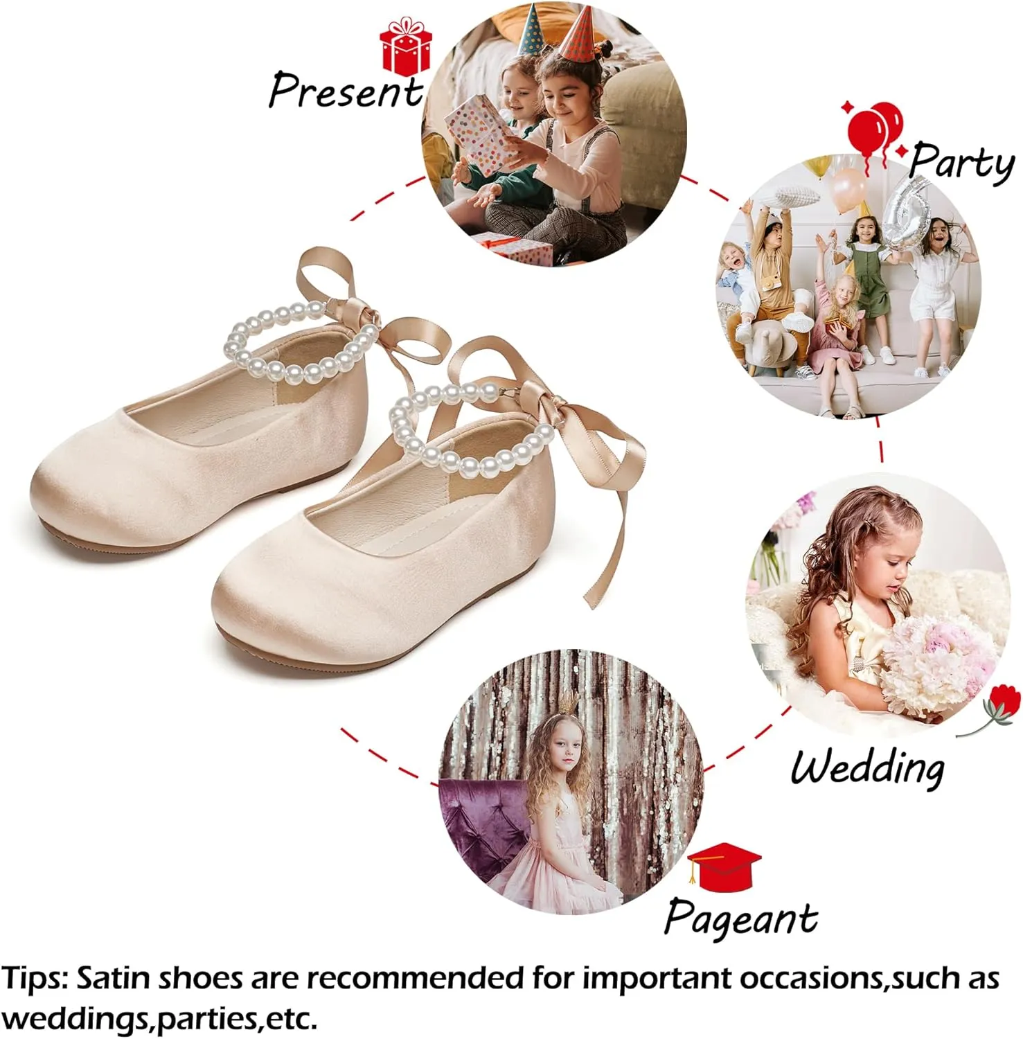 Toddler Flower Girl Dress Shoes - Little Girl Ballet Flats Pearl Strap for Wedding Party